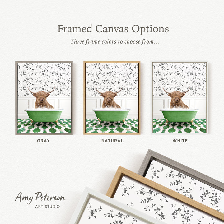 The image is a framed canvas option showcasing three different framed canvas options for a picture of a dog sitting in a bathtub.