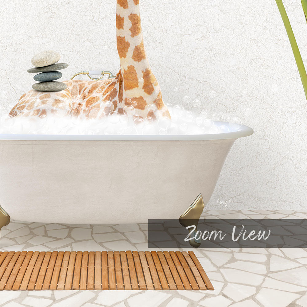 A giraffe standing in a bathtub filled with bubbles, with a wooden mat on the floor.