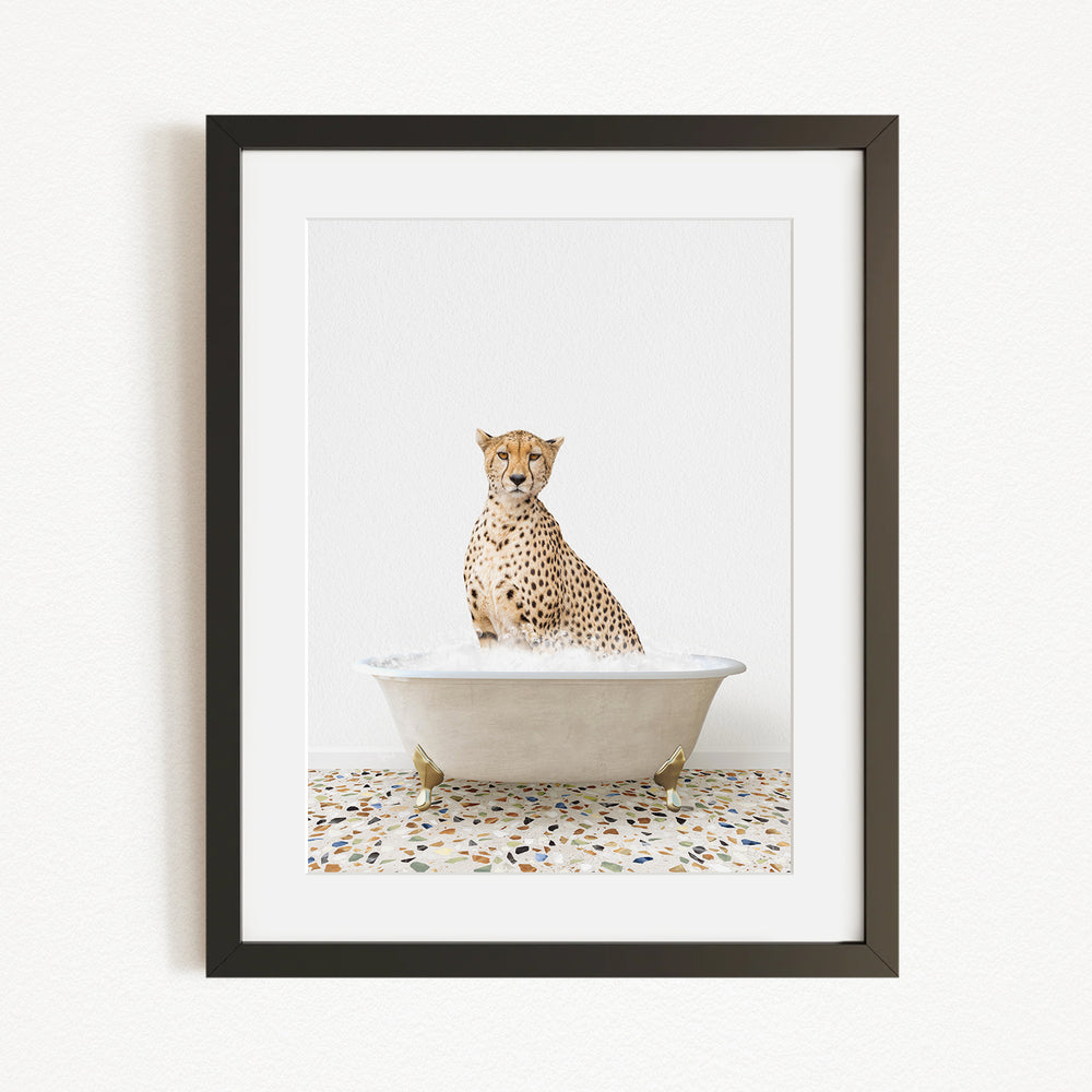 A cheetah sitting in a white bathtub filled with water, creating a playful and whimsical scene.