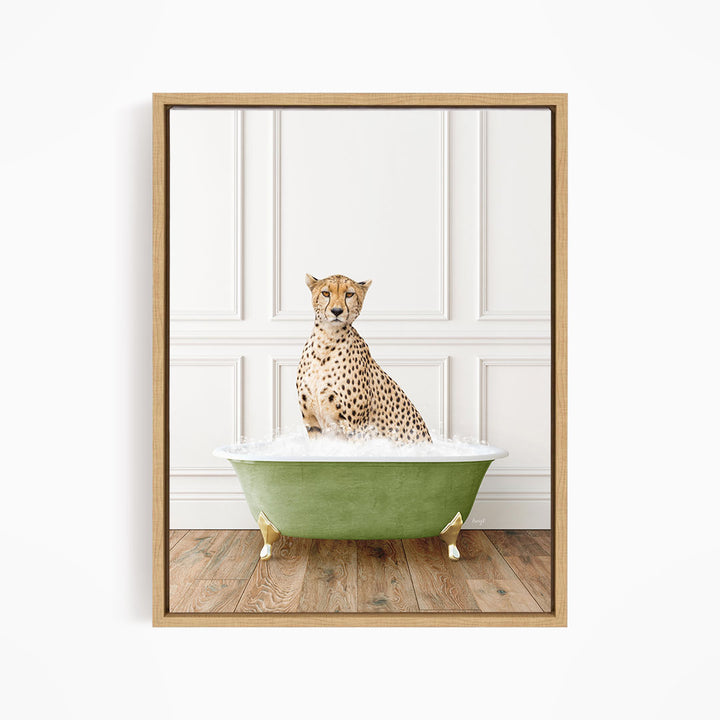 A cheetah sitting in a green bathtub filled with water, with a white wall and wooden floor in the background.