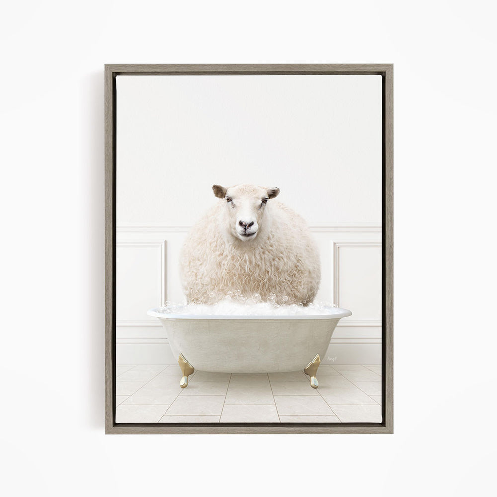 A fluffy white sheep sits in a white bathtub filled with bubbles, creating a whimsical and amusing scene.