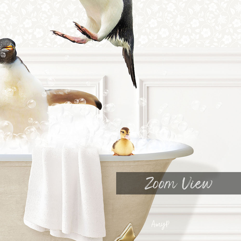 A baby penguin is sitting in a bathtub filled with bubbles, while another penguin jumps out of the tub.