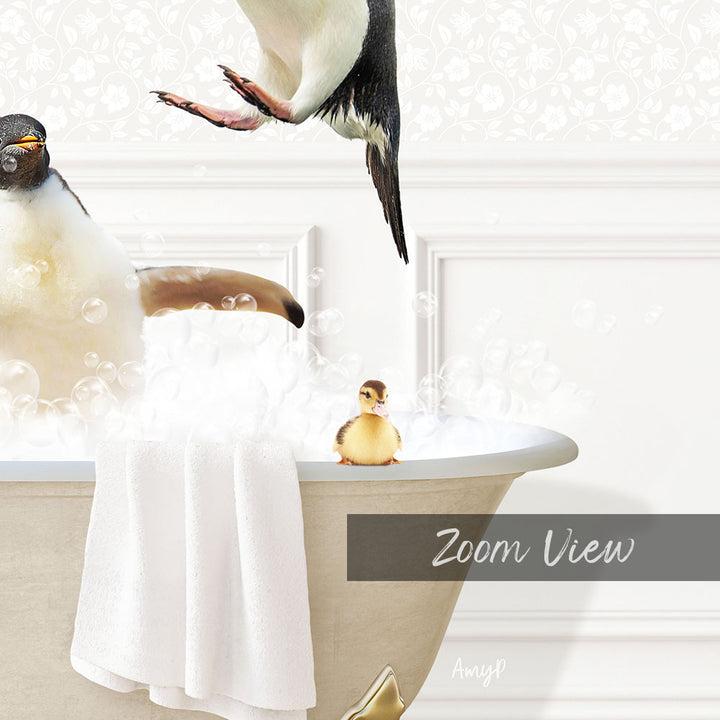 A baby penguin is sitting in a bathtub filled with bubbles, while another penguin jumps out of the tub.