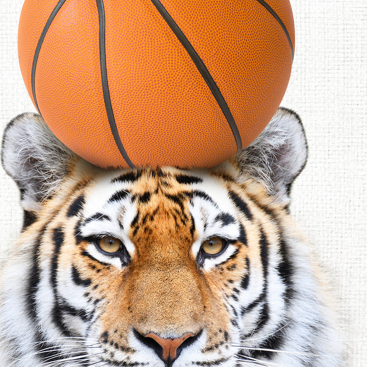 a tiger with a basketball on its head