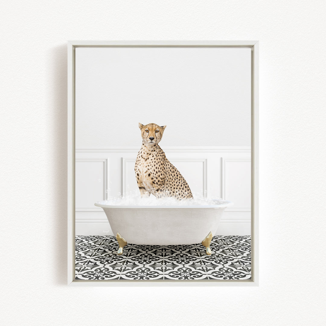 A cheetah sitting in a white bathtub filled with water, surrounded by a black and white patterned floor.