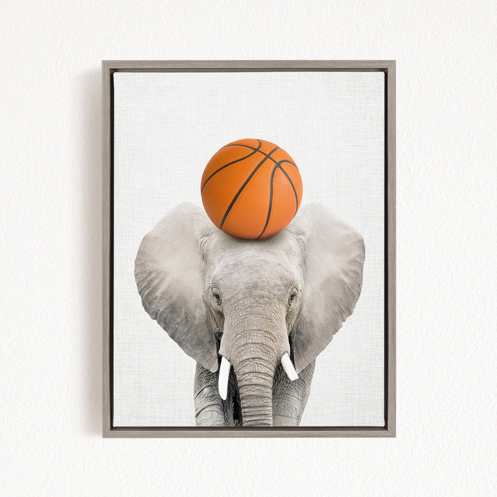A gray elephant stands against a white background, with an orange basketball resting on its head.