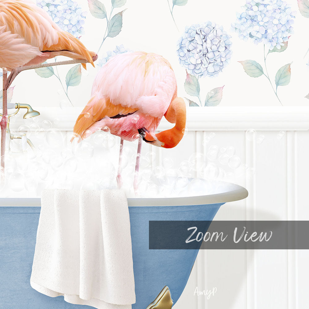 A pink flamingo standing in a blue bathtub filled with water, with a towel hanging on the side of the tub.