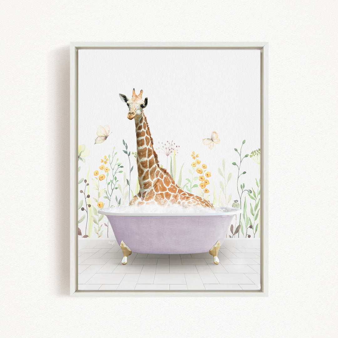 A giraffe sitting in a purple bathtub filled with bubbles, surrounded by flowers and butterflies.