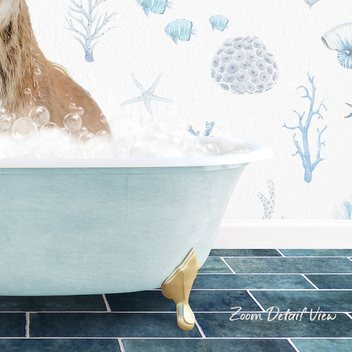 A bathtub filled with bubbles, with a dog sitting inside and surrounded by various marine life and underwater elements on the wall behind it.