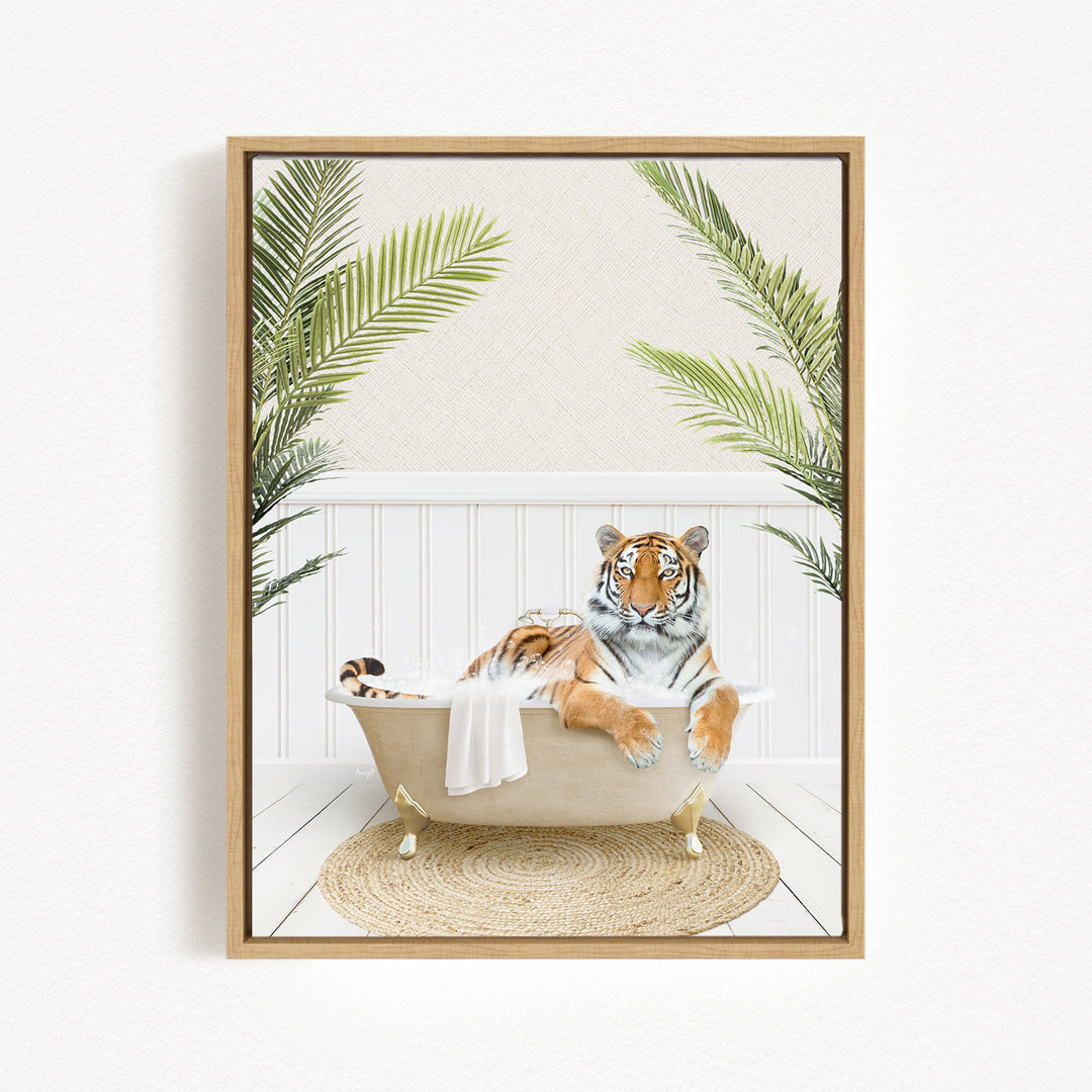 A tiger is sitting in a bathtub filled with water, surrounded by palm leaves, creating a whimsical and playful scene.