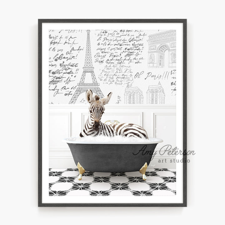 a picture of a zebra in a bathtub with the eiffel tower in