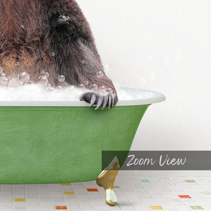 A close-up of a bear's paw in a green bathtub filled with bubbles, with a text overlay that reads "Zoom View".