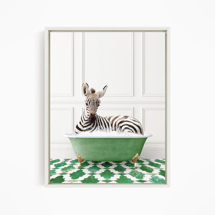 A zebra is sitting in a green bathtub, surrounded by a patterned green and white floor.