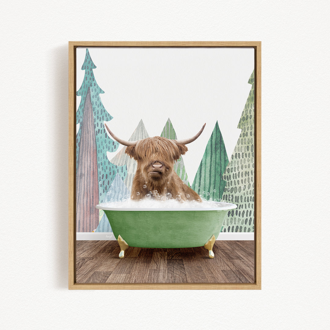 A brown cow with horns is sitting in a green bathtub filled with bubbles, surrounded by a forest-themed background.