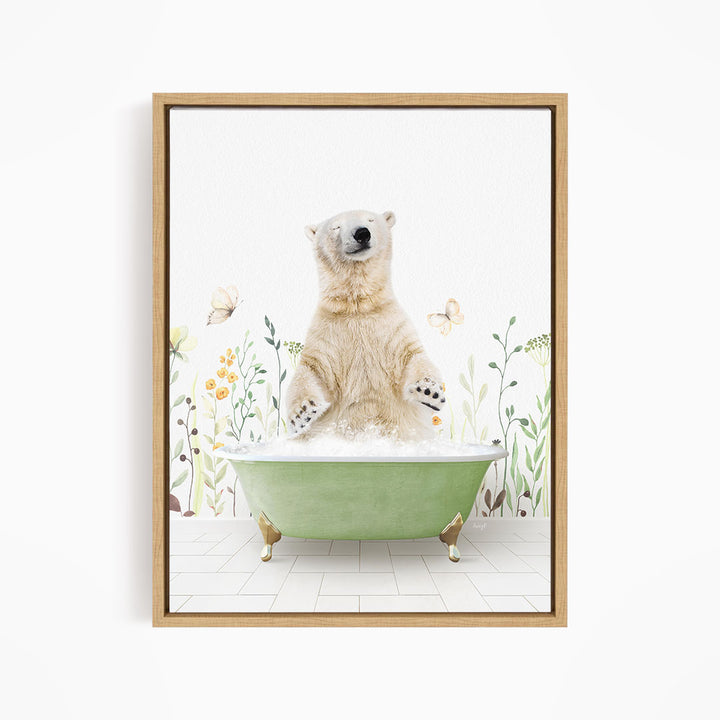 A polar bear sitting in a green bathtub filled with water, surrounded by flowers and butterflies.
