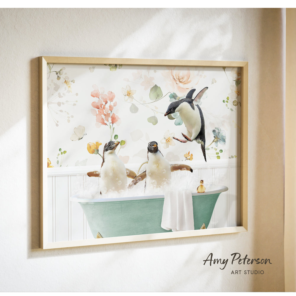A framed print depicting three penguins sitting in a bathtub, surrounded by flowers and greenery.