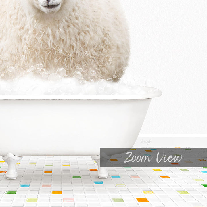 A fluffy white sheep is sitting in a white bathtub filled with bubbles, creating a whimsical and playful scene.