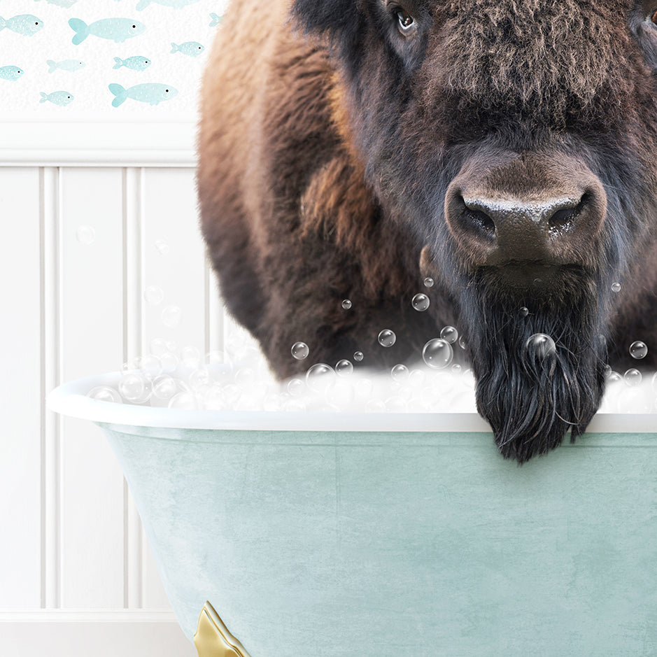 a large buffalo standing in a bath tub