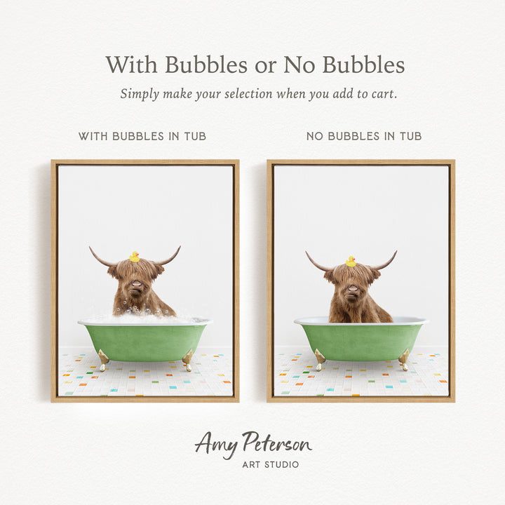 The image is a collage of two framed pictures, each featuring a brown cow with horns sitting in a green tub. The cow in the tub has a yellow rubber duck on its head. The text above the images reads "With Bubbles or No Bubbles" and below the images, it says "Simply make your selection when you add to cart."