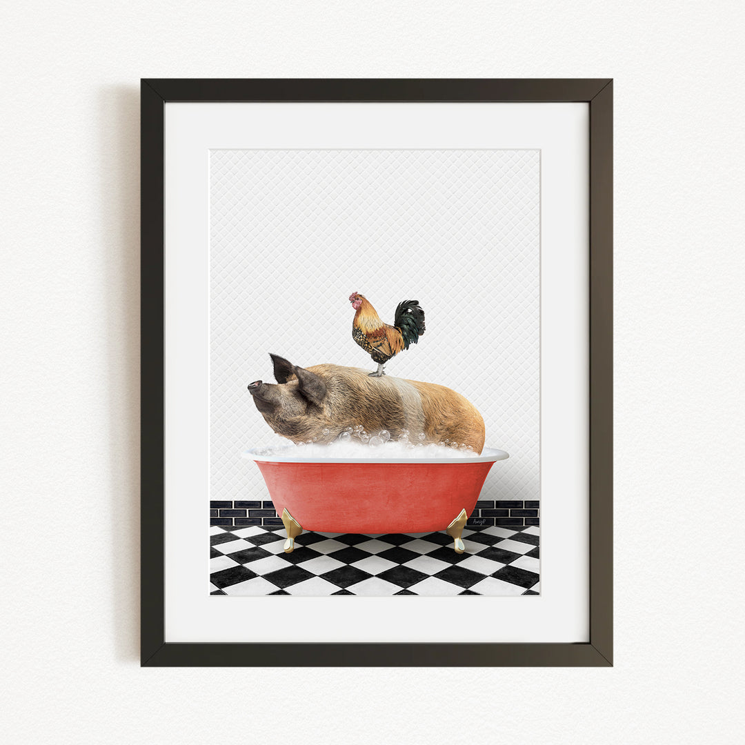 A rooster stands on a pig's back while the pig is sitting in a red bathtub, both on a black and white checkered floor.