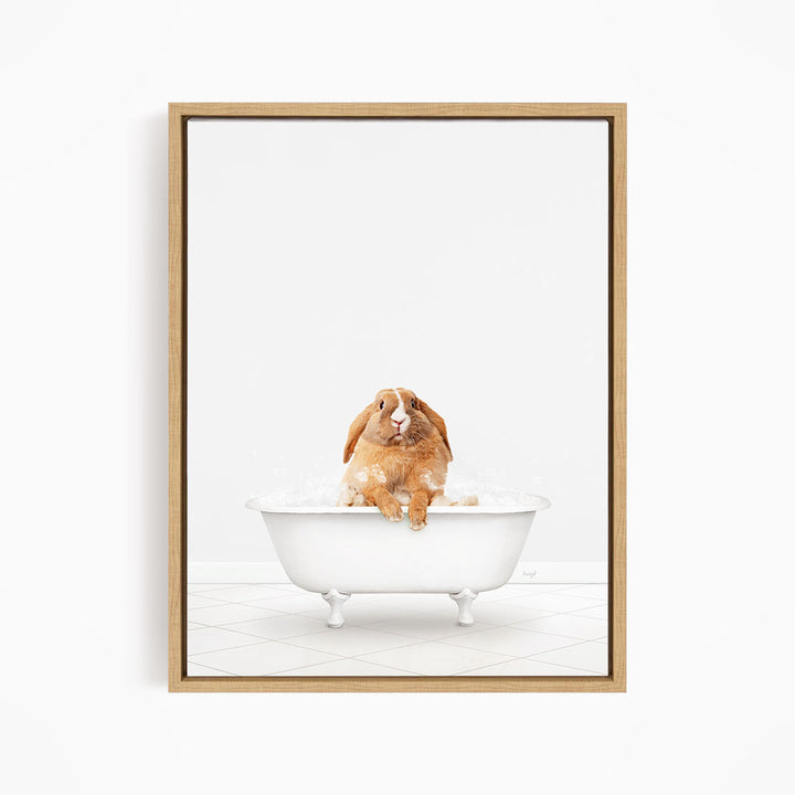 A brown rabbit sitting in a white bathtub filled with bubbles, looking directly at the camera.