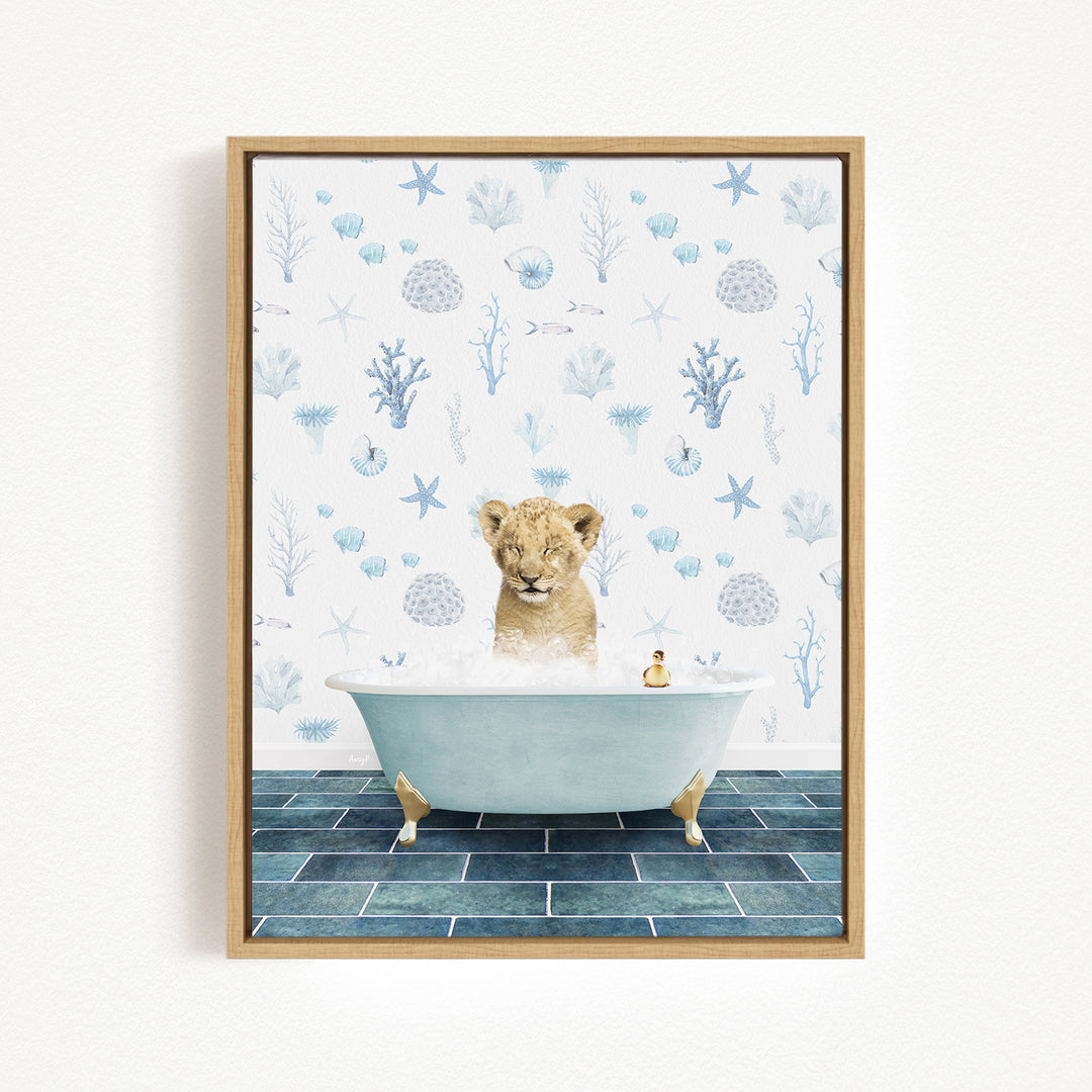 A young lion cub is sitting in a bathtub filled with water, surrounded by various marine life and plants, creating a whimsical and playful scene.