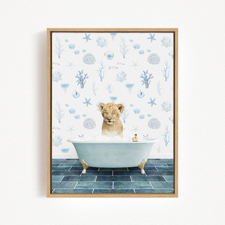 A young lion cub is sitting in a bathtub filled with water, surrounded by various marine life and plants, creating a whimsical and playful scene.