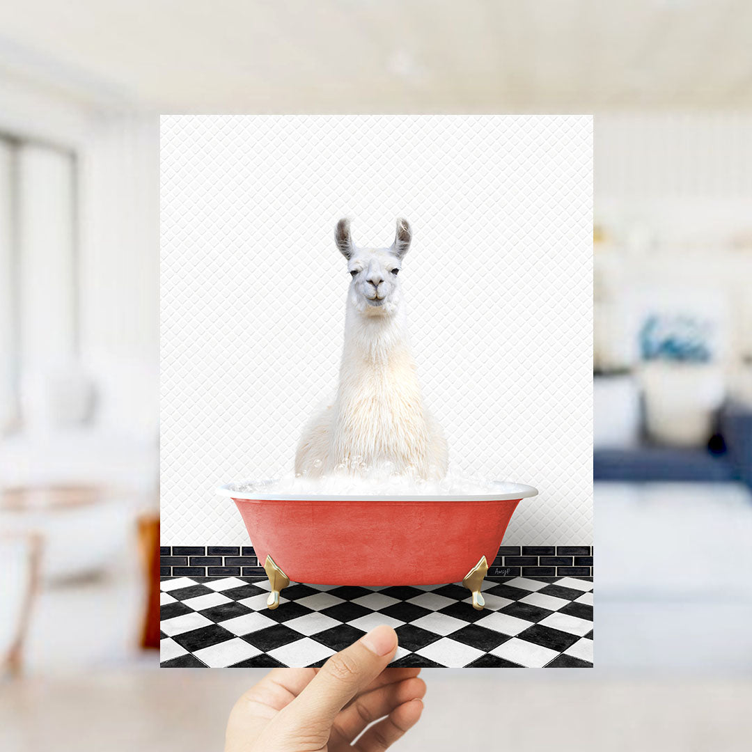 A white llama sitting in a red bathtub filled with water, with a black and white checkered floor in the background.