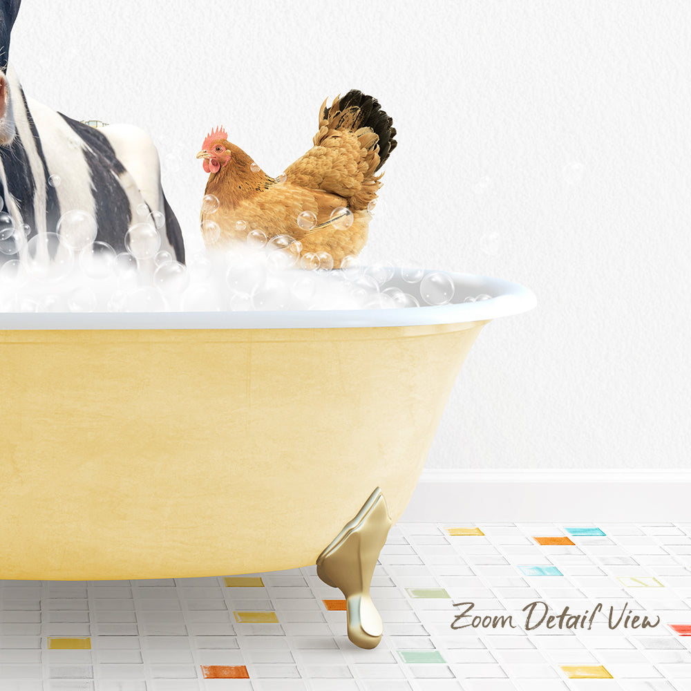 A chicken is sitting in a bathtub filled with bubbles, while a dog is standing nearby.