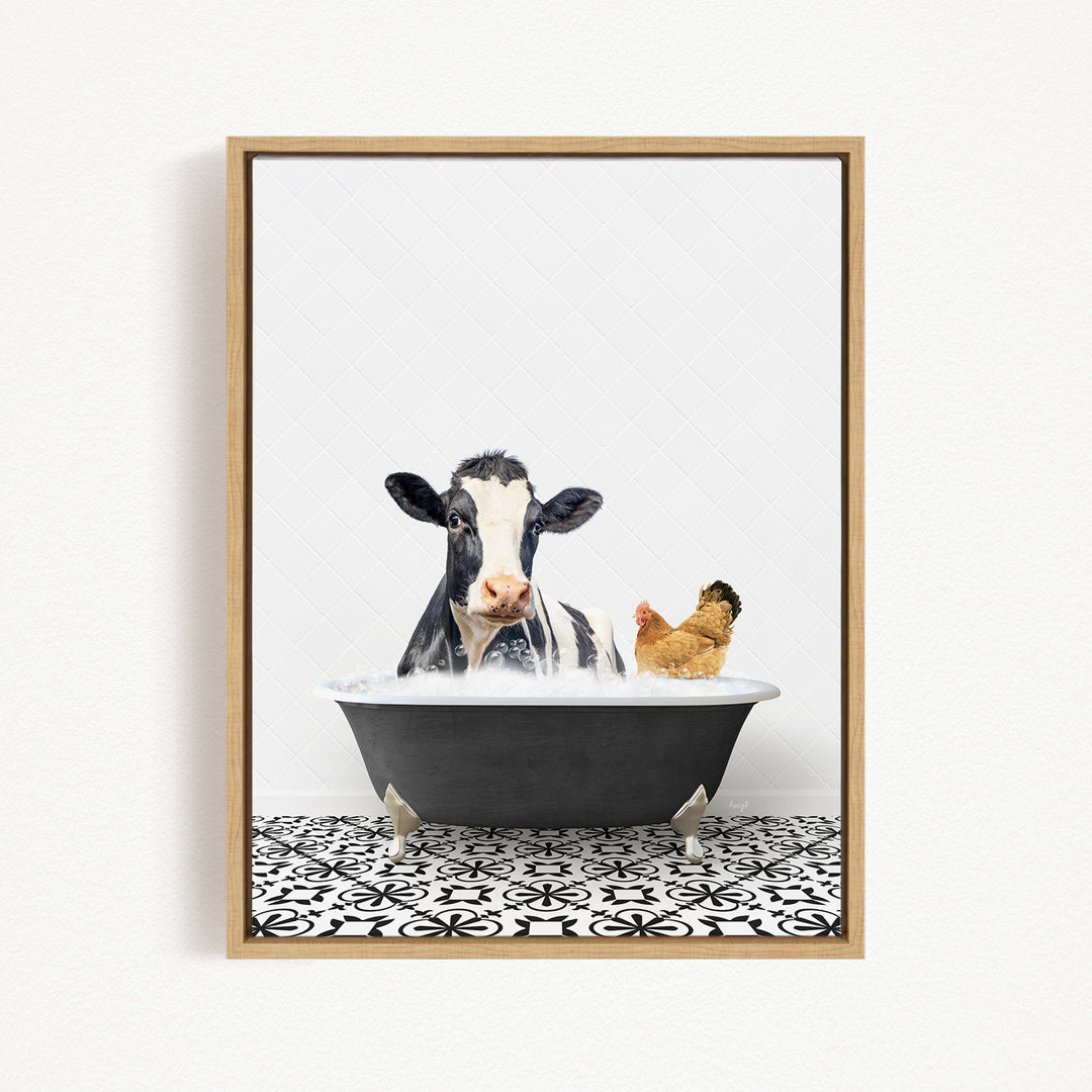 A black and white cow is sitting in a bathtub filled with water, with a chicken standing nearby.