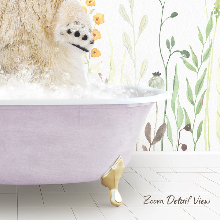 A white polar bear is standing in a pink bathtub filled with bubbles, with a floral wallpaper in the background.