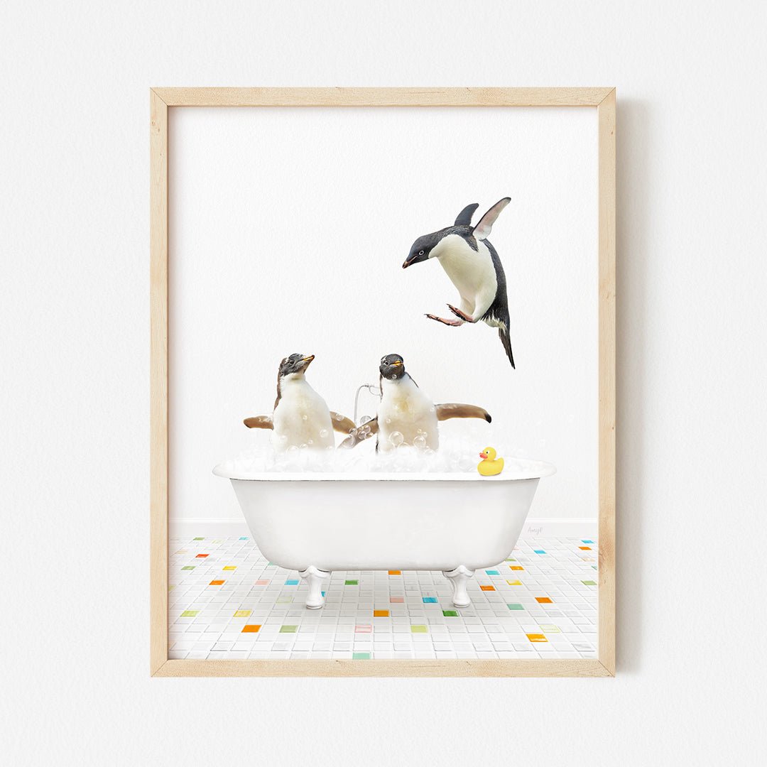 a picture of penguins in a bathtub with bubbles