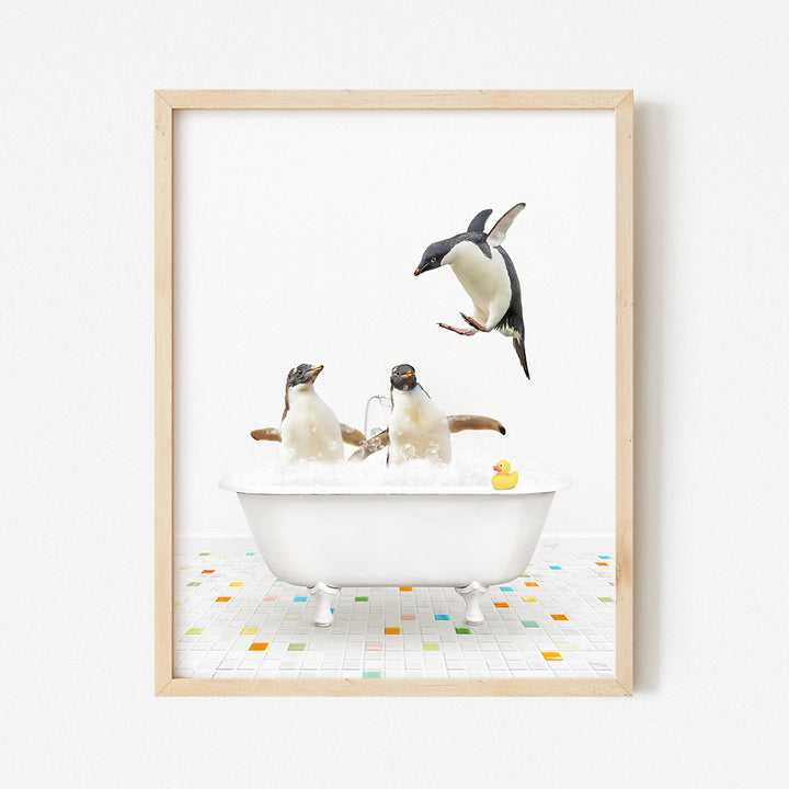 a picture of penguins in a bathtub with bubbles