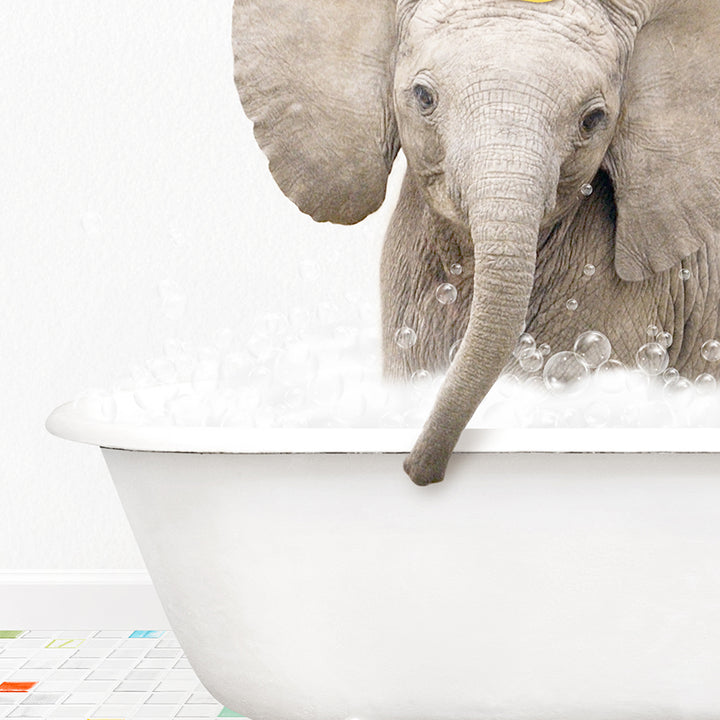 a baby elephant in a bathtub with bubbles