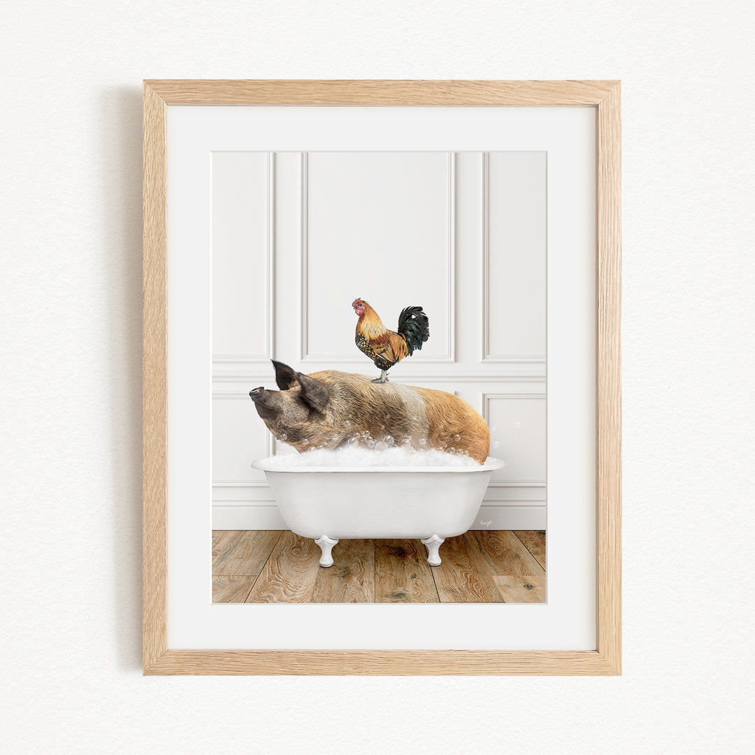 A rooster sits atop a pig in a white bathtub, creating a whimsical and humorous scene.