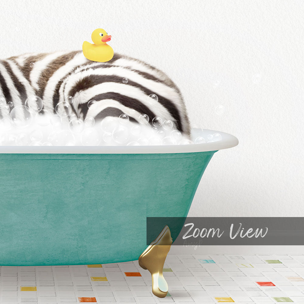 A zebra lying in a bathtub with bubbles, accompanied by a rubber duck.