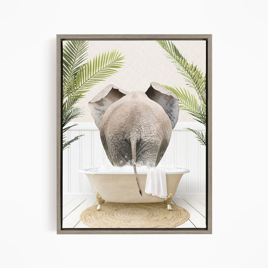 An elephant is taking a bath in a bathtub, surrounded by palm leaves and a woven mat.