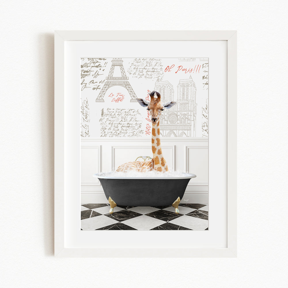 A giraffe standing in a bathtub filled with bubbles, with a Paris-themed background behind it.