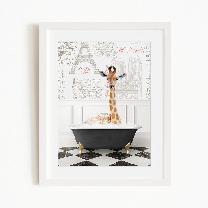 A giraffe standing in a bathtub filled with bubbles, with a Paris-themed background behind it.