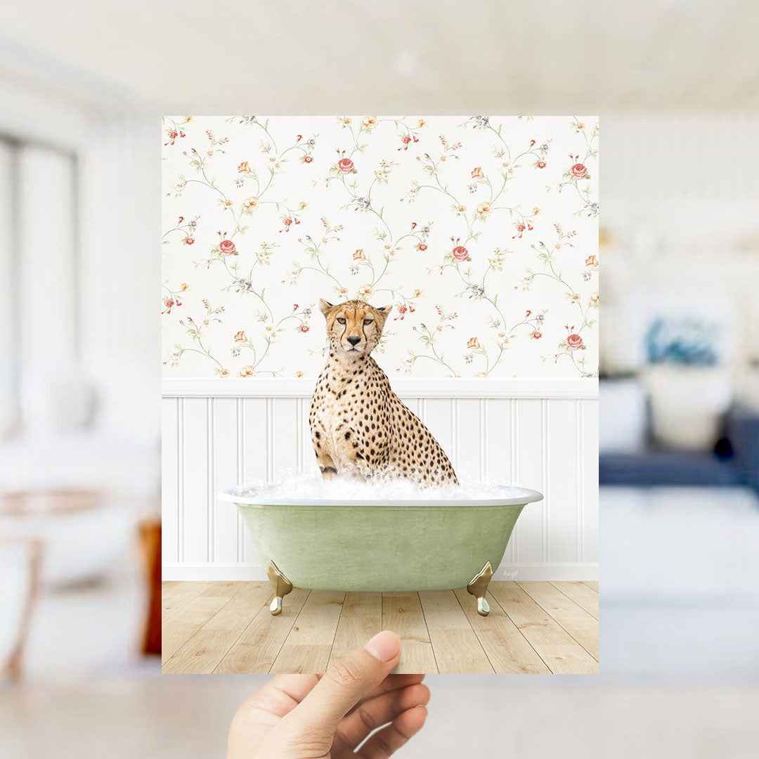 A cheetah sitting in a green bathtub filled with water, with a floral wallpaper in the background.