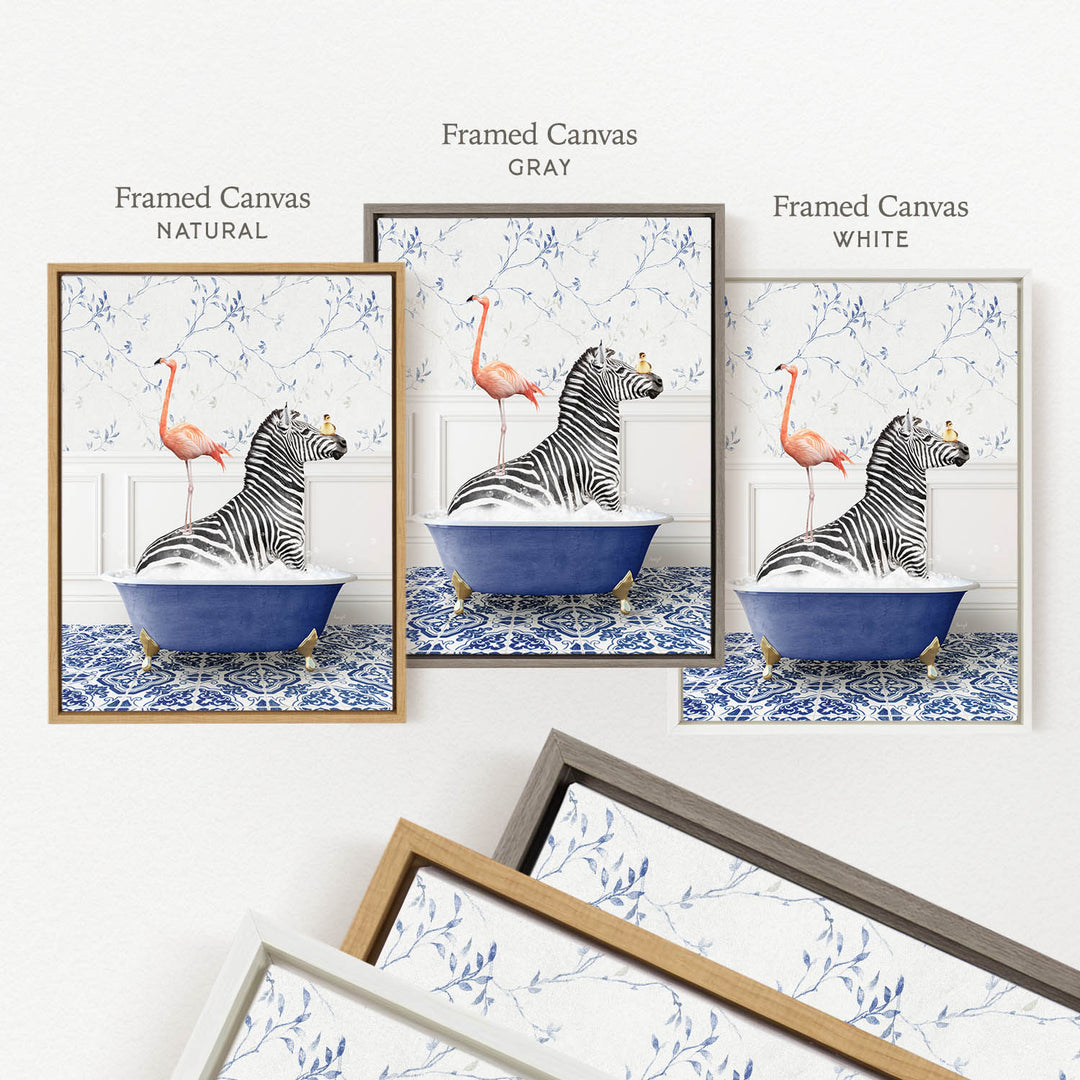three framed pictures of a zebra sitting in a bathtub, with a pink flamingo perched on the zebra's back. The framed pictures are labeled as " Framed Canvas" in different colors: "Natural", "Gray", and "White".