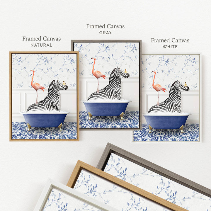 three framed pictures of a zebra sitting in a bathtub, with a pink flamingo perched on the zebra's back. The framed pictures are labeled as " Framed Canvas" in different colors: "Natural", "Gray", and "White".