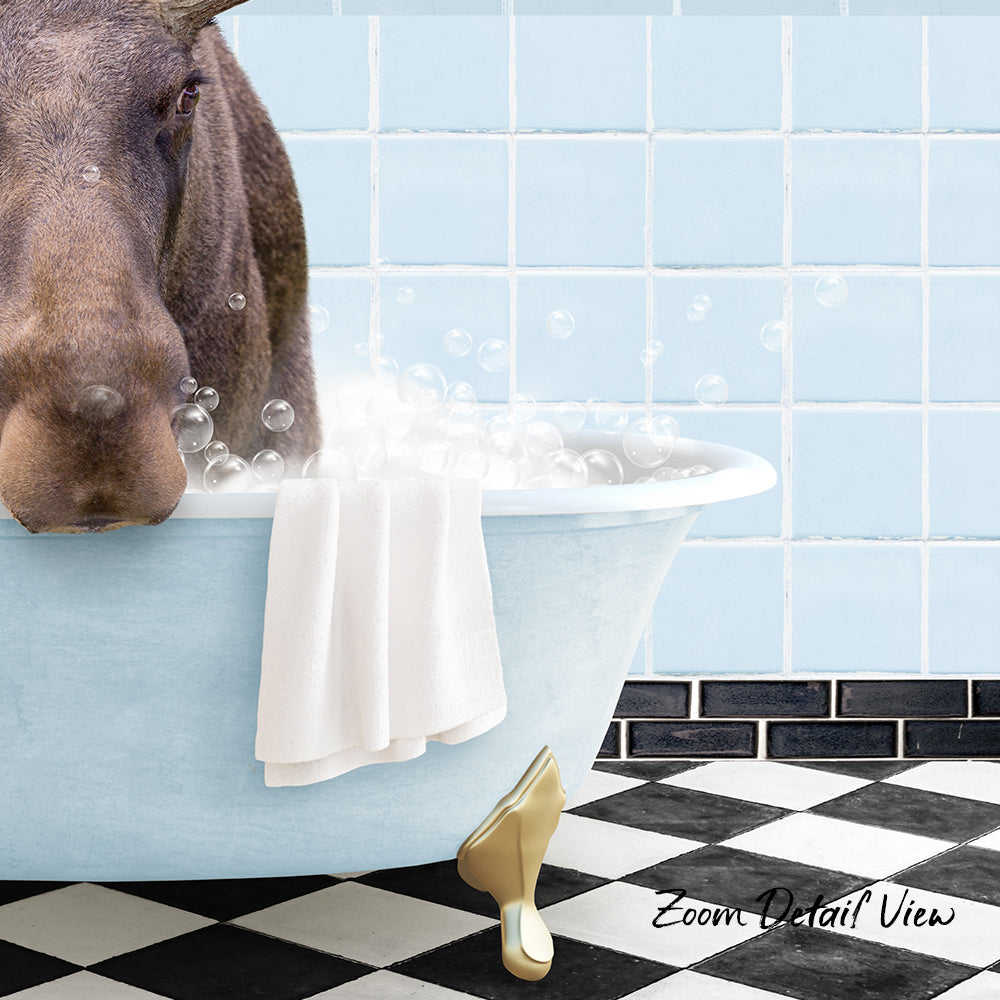 A moose is sitting in a bathtub filled with bubbles, with a towel and a shoe nearby, and a checkered floor in the background.