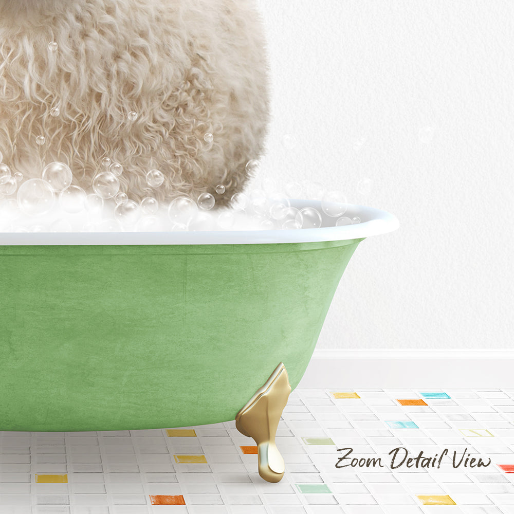 A fluffy white dog is sitting in a green bathtub filled with bubbles, with a colorful tiled floor in the foreground.