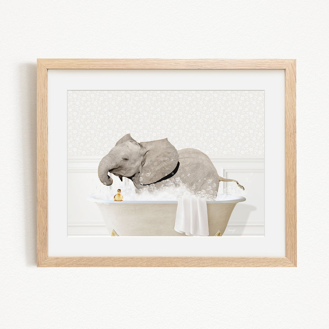 A gray elephant is sitting in a bathtub filled with water, with a small yellow object nearby.