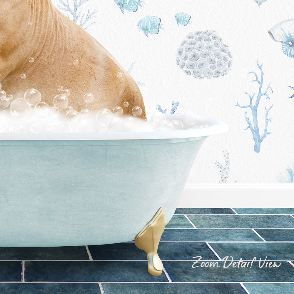 A dog is sitting in a bathtub filled with bubbles, surrounded by a blue and white underwater wallpaper with fish and coral designs.