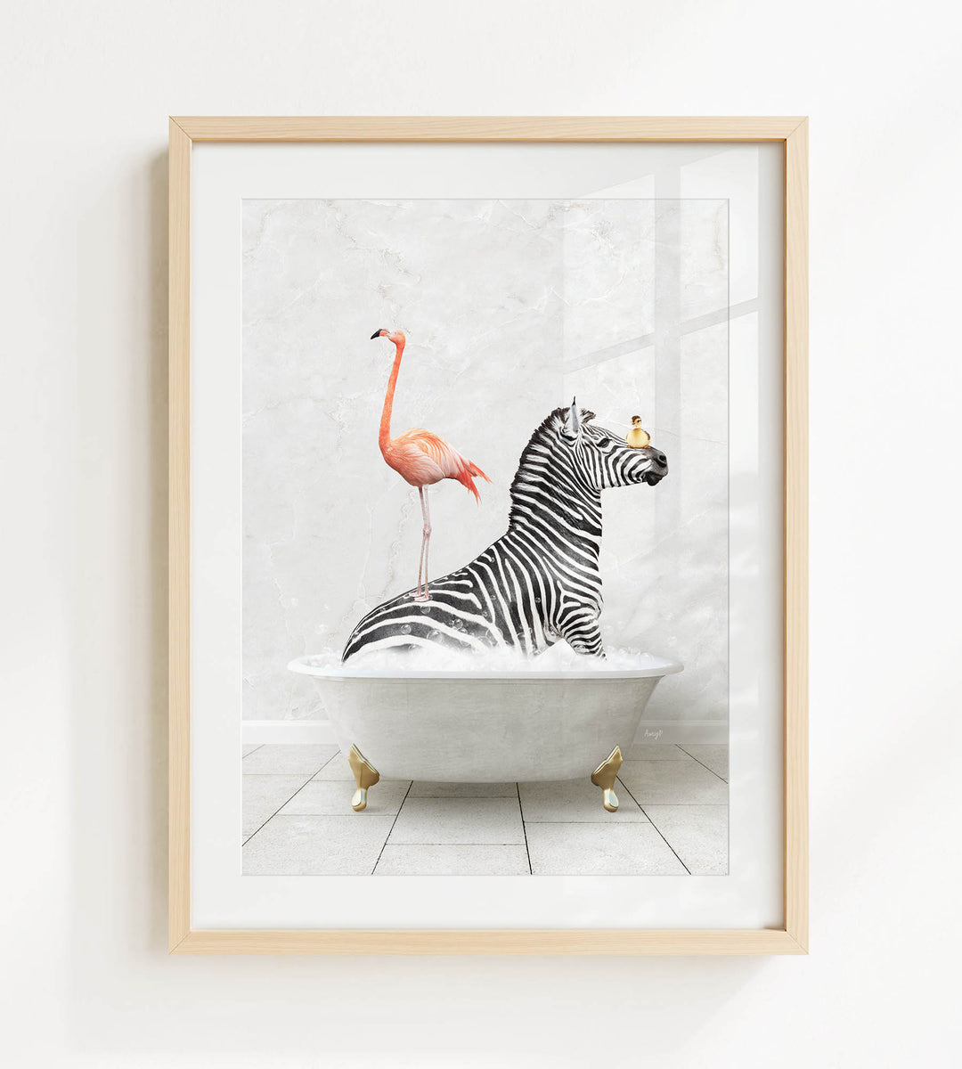 A framed image depicting a zebra sitting in a bathtub, with a flamingo standing on its back.