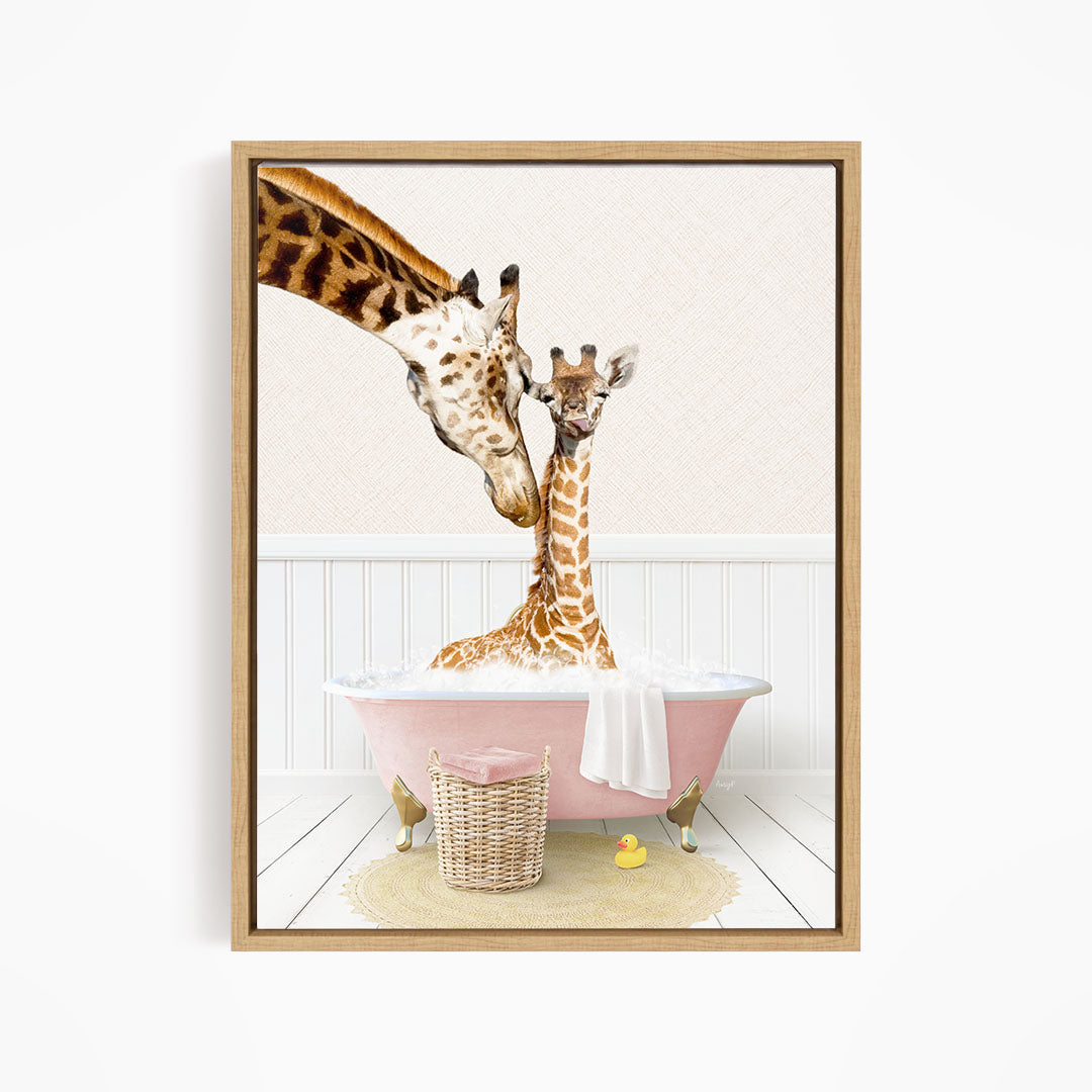 A mother giraffe and her baby giraffe enjoying a relaxing bath in a pink bathtub, surrounded by a basket of toys and a yellow rubber ducky.