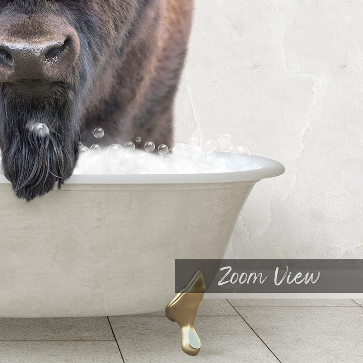 A close-up of a dog's face peeking over the edge of a bathtub filled with bubbles, with a text overlay that reads "Zoom View".