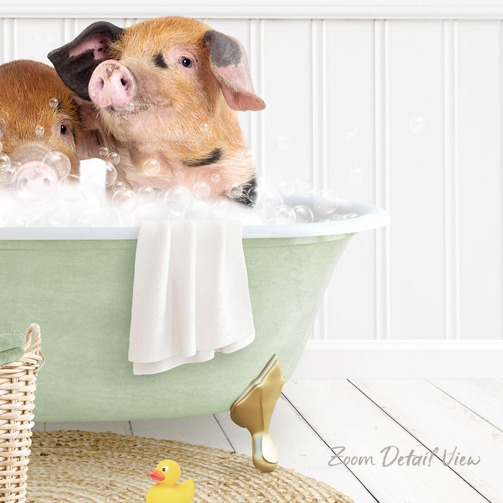 A pair of adorable pigs enjoying a bath in a green bathtub, surrounded by bubbles and a yellow rubber duck.